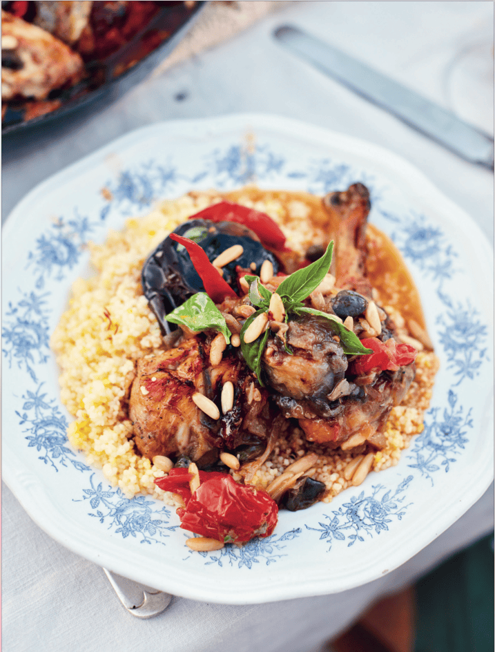 Jamie Oliver Taste of Italy Recipe: Salina chicken – Beautiful, scented soft aubergines & tomatoes with capers