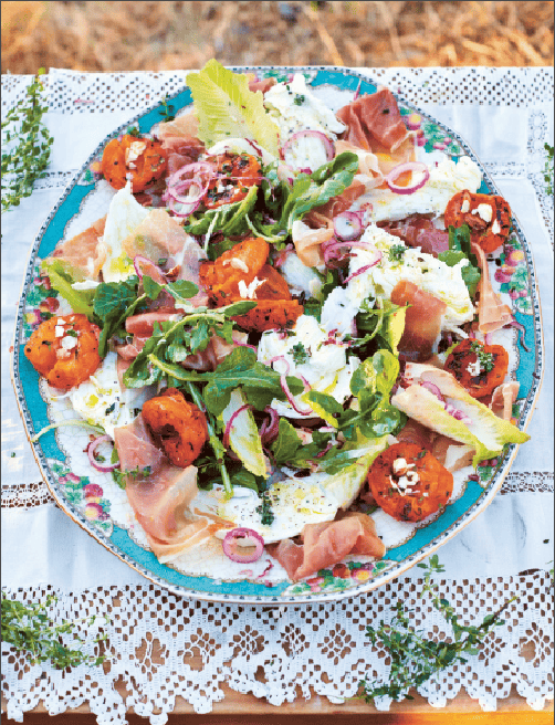 Jamie Oliver Taste of Italy Recipe: Grilled apricot salad with Flowering thyme, mozzarella, pink peppercorns & prosciutto