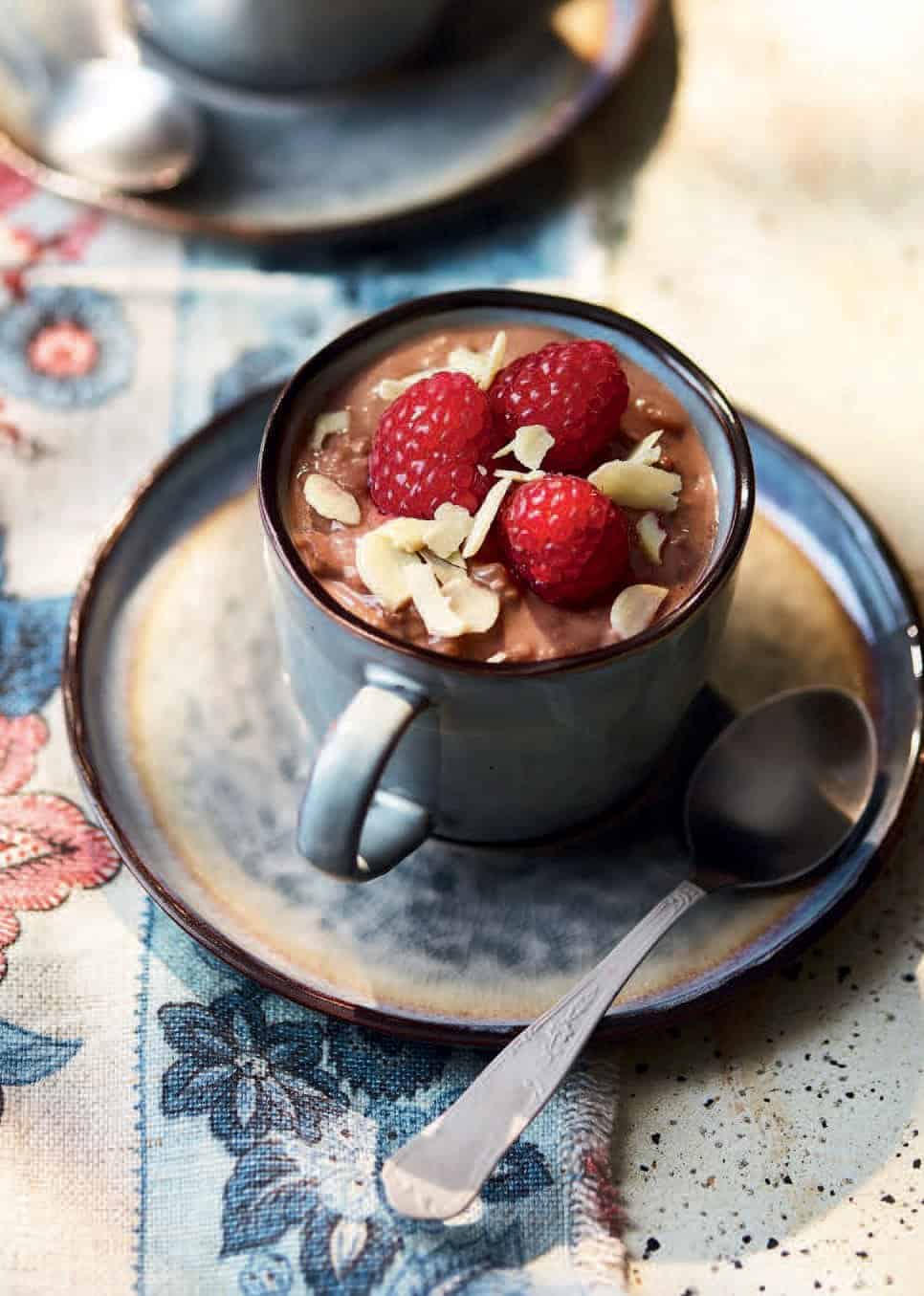 Gino’s chocolate rice pots with raspberries, honey and almonds